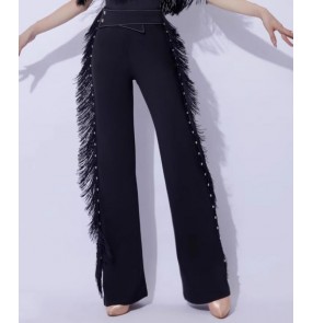 Latin dance Fringe pants for women girls ballroom tango latin dance practice long trousers high waist professional performance tassel straight-leg pants